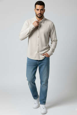 Jakarlı Çizgili Erkek Gömlek Taş - Erkek Gömlek