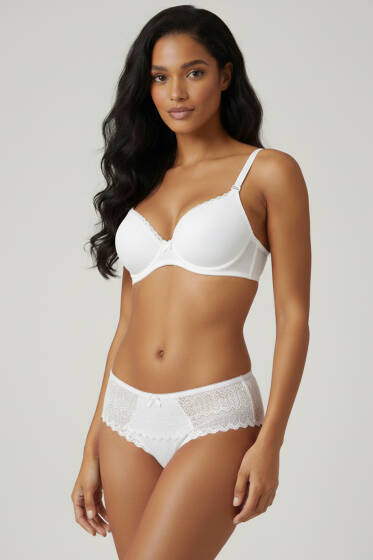 Jakarlı Dantel Detaylı Destekli Sütyen Takım Ekru - Yılın Fırsatı