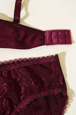 Jakarlı Dantel Detaylı Destekli Sütyen Takım Mürdüm - Yılın Fırsatı