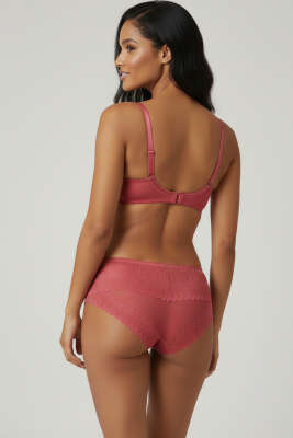 Jakarlı Dantel Detaylı Destekli Sütyen Takım Nar Çiçeği - Destekli Sütyen Takım