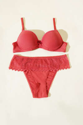 Jakarlı Dantel Detaylı Destekli Sütyen Takım Nar Çiçeği - Yılın Fırsatı