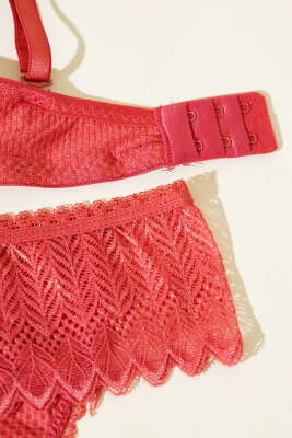 Jakarlı Dantel Detaylı Destekli Sütyen Takım Nar Çiçeği - Yılın Fırsatı