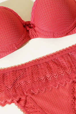 Jakarlı Dantel Detaylı Destekli Sütyen Takım Nar Çiçeği - Yılın Fırsatı