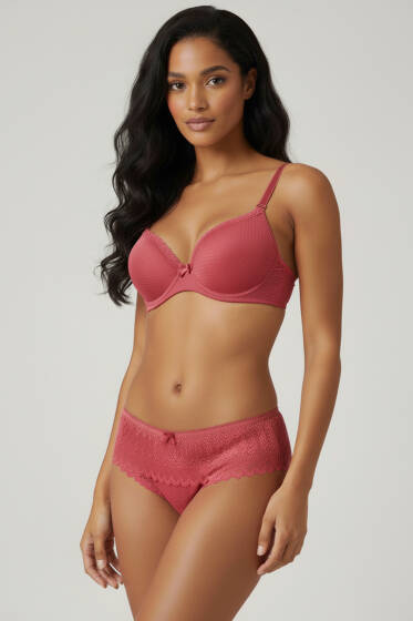 Jakarlı Dantel Detaylı Destekli Sütyen Takım Nar Çiçeği - Yılın Fırsatı