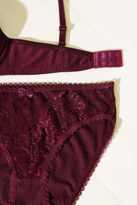 Jakarlı Dantel Detaylı Desteksiz Sütyen Takım Koyu Mürdüm - Yılın Fırsatı