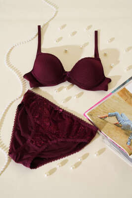 Jakarlı Dantel Detaylı Desteksiz Sütyen Takım Koyu Mürdüm