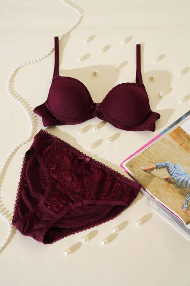 Jakarlı Dantel Detaylı Desteksiz Sütyen Takım Koyu Mürdüm - Yılın Fırsatı