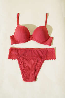 Jakarlı Dantel Detaylı Desteksiz Sütyen Takım Nar Çiçeği - Yılın Fırsatı