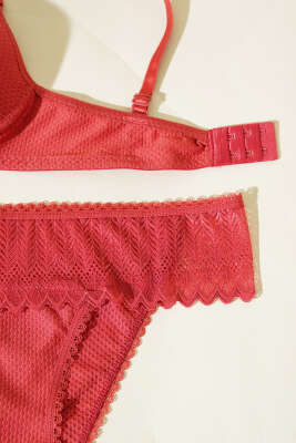 Jakarlı Dantel Detaylı Desteksiz Sütyen Takım Nar Çiçeği - Yılın Fırsatı