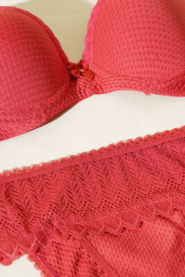 Jakarlı Dantel Detaylı Desteksiz Sütyen Takım Nar Çiçeği - Yılın Fırsatı