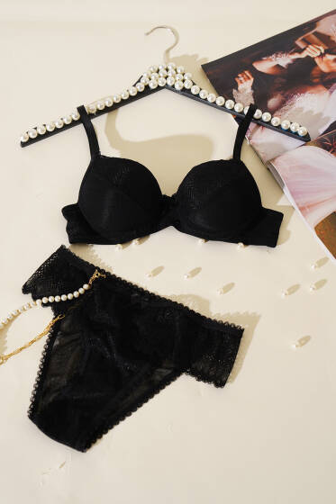 Jakarlı Dantel Detaylı Desteksiz Sütyen Takım Siyah - Desteksiz Sütyen Takım