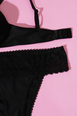 Jakarlı Dantel Detaylı Desteksiz Sütyen Takım Siyah - Yılın Fırsatı