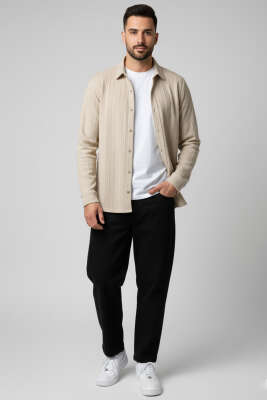 Jakarlı Erkek Gömlek Bej - Erkek Gömlek