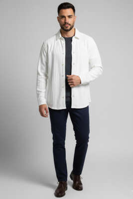 Jakarlı Erkek Gömlek Ekru - Erkek Gömlek