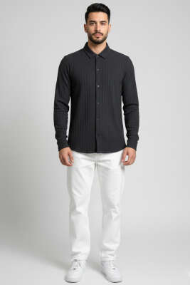 Jakarlı Erkek Gömlek Füme - Erkek Gömlek