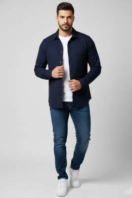 Jakarlı Erkek Gömlek Lacivert - Erkek Gömlek