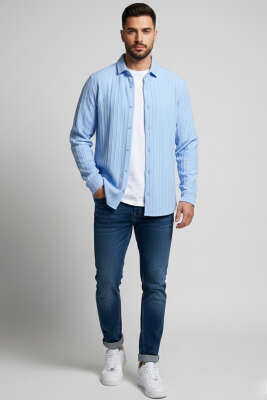 Jakarlı Erkek Gömlek Mavi - Erkek Gömlek