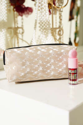 Jakarlı Fermuarlı Makyaj Çantası Bej - NEW WELL