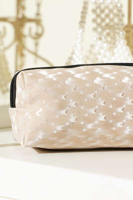 Jakarlı Fermuarlı Makyaj Çantası Bej - Makyaj Aksesuarları