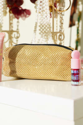 Jakarlı Fermuarlı Makyaj Çantası Gold - NEW WELL