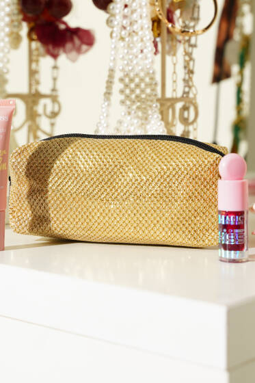 Jakarlı Fermuarlı Makyaj Çantası Gold - Makyaj Aksesuarları