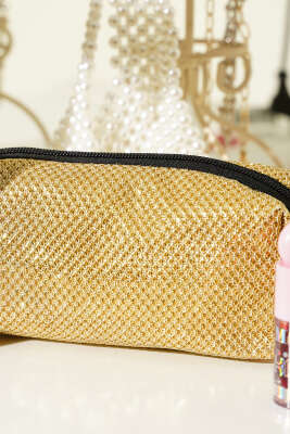 Jakarlı Fermuarlı Makyaj Çantası Gold - Makyaj Aksesuarları