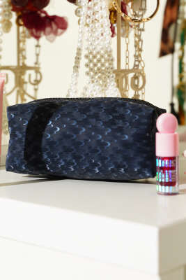 Jakarlı Fermuarlı Makyaj Çantası Lacivert - NEW WELL