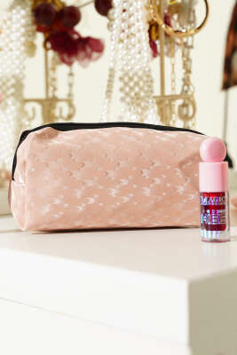 Jakarlı Fermuarlı Makyaj Çantası Pudra 