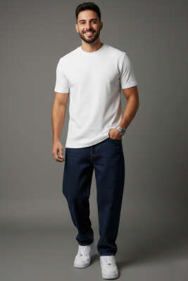 Jakarlı Fitilli Erkek T-shirt Beyaz - Erkek T-shirt