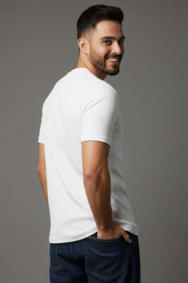 Jakarlı Fitilli Erkek T-shirt Beyaz - Erkek T-shirt