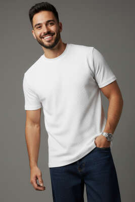 Jakarlı Fitilli Erkek T-shirt Beyaz 