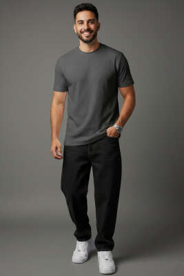 Jakarlı Fitilli Erkek T-shirt Füme - Erkek T-shirt