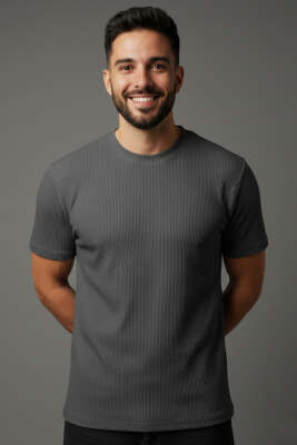 Jakarlı Fitilli Erkek T-shirt Füme 