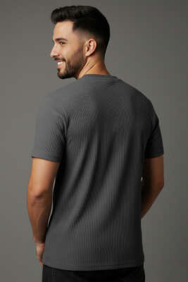 Jakarlı Fitilli Erkek T-shirt Füme - Yılın Fırsatı
