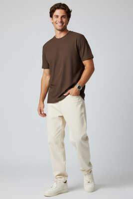 Jakarlı Fitilli Erkek T-shirt Kahve - Erkek T-shirt