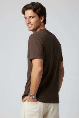 Jakarlı Fitilli Erkek T-shirt Kahve - Erkek T-shirt