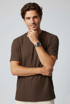 Jakarlı Fitilli Erkek T-shirt Kahve - WİPEOUT