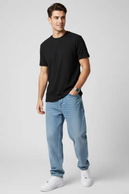 Jakarlı Fitilli Erkek T-shirt Siyah - Erkek T-shirt