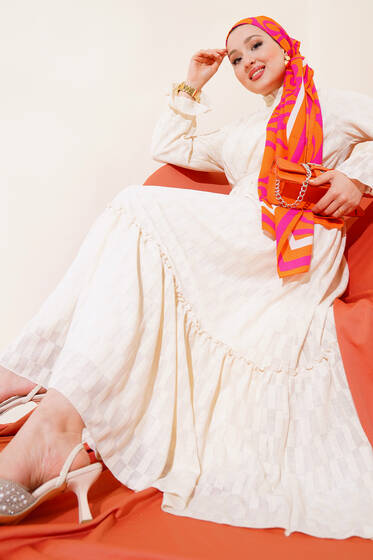 Jakarlı Kat Elbise Bej - Elbise