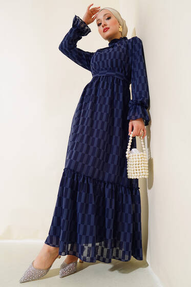 Jakarlı Kat Elbise Lacıvert - Elbise