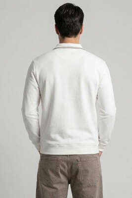 Jakarlı Polo Yaka Fermuarlı Erkek Sweatshirt Beyaz - Erkek Sweatshirt