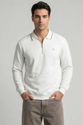 Jakarlı Polo Yaka Fermuarlı Erkek Sweatshirt Beyaz - FRESHMAN