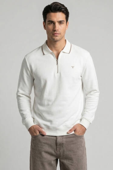 Jakarlı Polo Yaka Fermuarlı Erkek Sweatshirt Beyaz - Erkek Sweatshirt