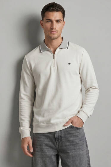 Jakarlı Polo Yaka Fermuarlı Erkek Sweatshirt Gri - Erkek Sweatshirt