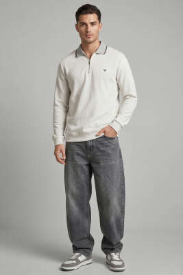 Jakarlı Polo Yaka Fermuarlı Erkek Sweatshirt Gri - Erkek Sweatshirt