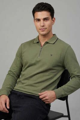Jakarlı Polo Yaka Fermuarlı Erkek Sweatshirt Haki - FRESHMAN