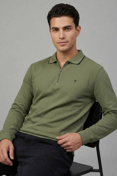 Jakarlı Polo Yaka Fermuarlı Erkek Sweatshirt Haki - Erkek Sweatshirt