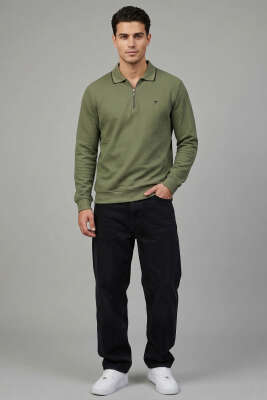 Jakarlı Polo Yaka Fermuarlı Erkek Sweatshirt Haki - Erkek Sweatshirt