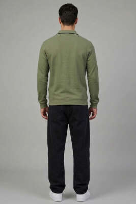 Jakarlı Polo Yaka Fermuarlı Erkek Sweatshirt Haki - Erkek Sweatshirt