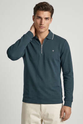 Jakarlı Polo Yaka Fermuarlı Erkek Sweatshirt Petrol - FRESHMAN